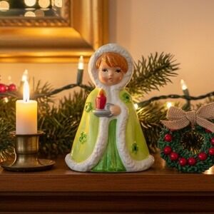 VTG MCM Christmas Girl Figurine Green Daisy Coat MV Korea Handpainted Ceramic